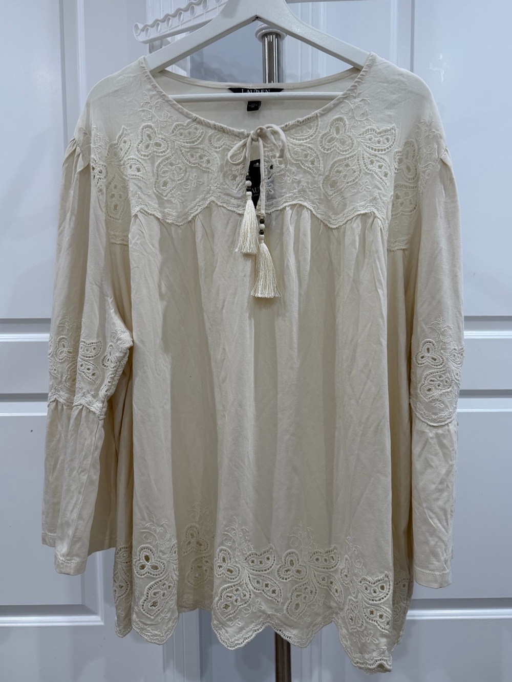 Lauren Ralph Lauren ivory peasant blouse w/gorgeous hemline & lace detail 3X